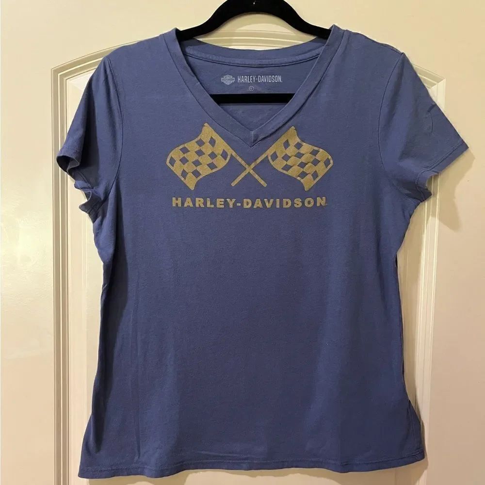 HARLEY DAVIDSON RetroâRace Flag V-Neck Tee Crown Blue Womenâs SizeâLarge